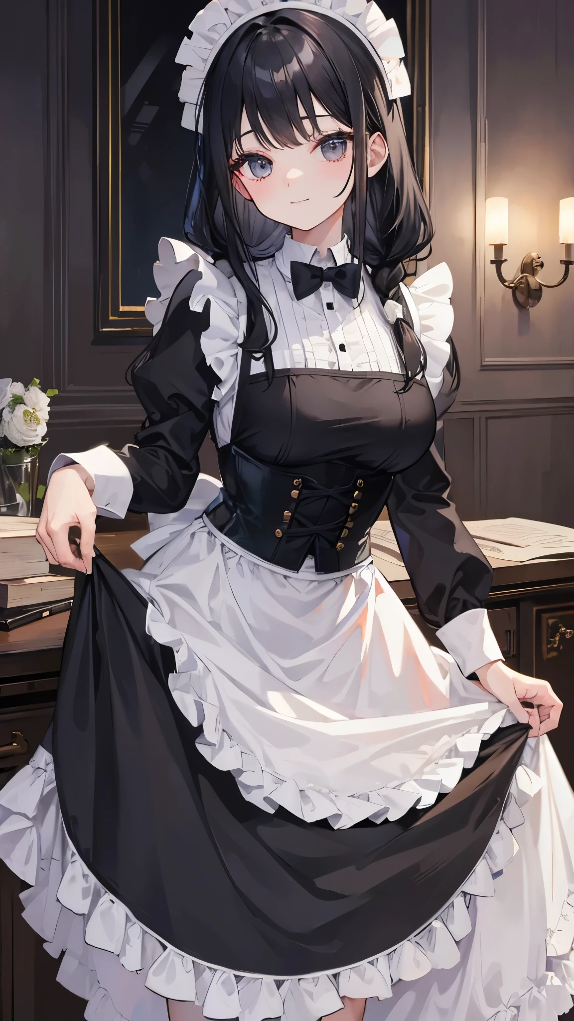 ((masterpiece、Highest quality、Very detailed))、One person、Black Hair、Long Hair、twin braids、blunt bangs、Grey Eyes、smile、Large Breasts、White brim、((maid))、Long sleeve、corset、apron、Cowboy Shot、Luxury room background