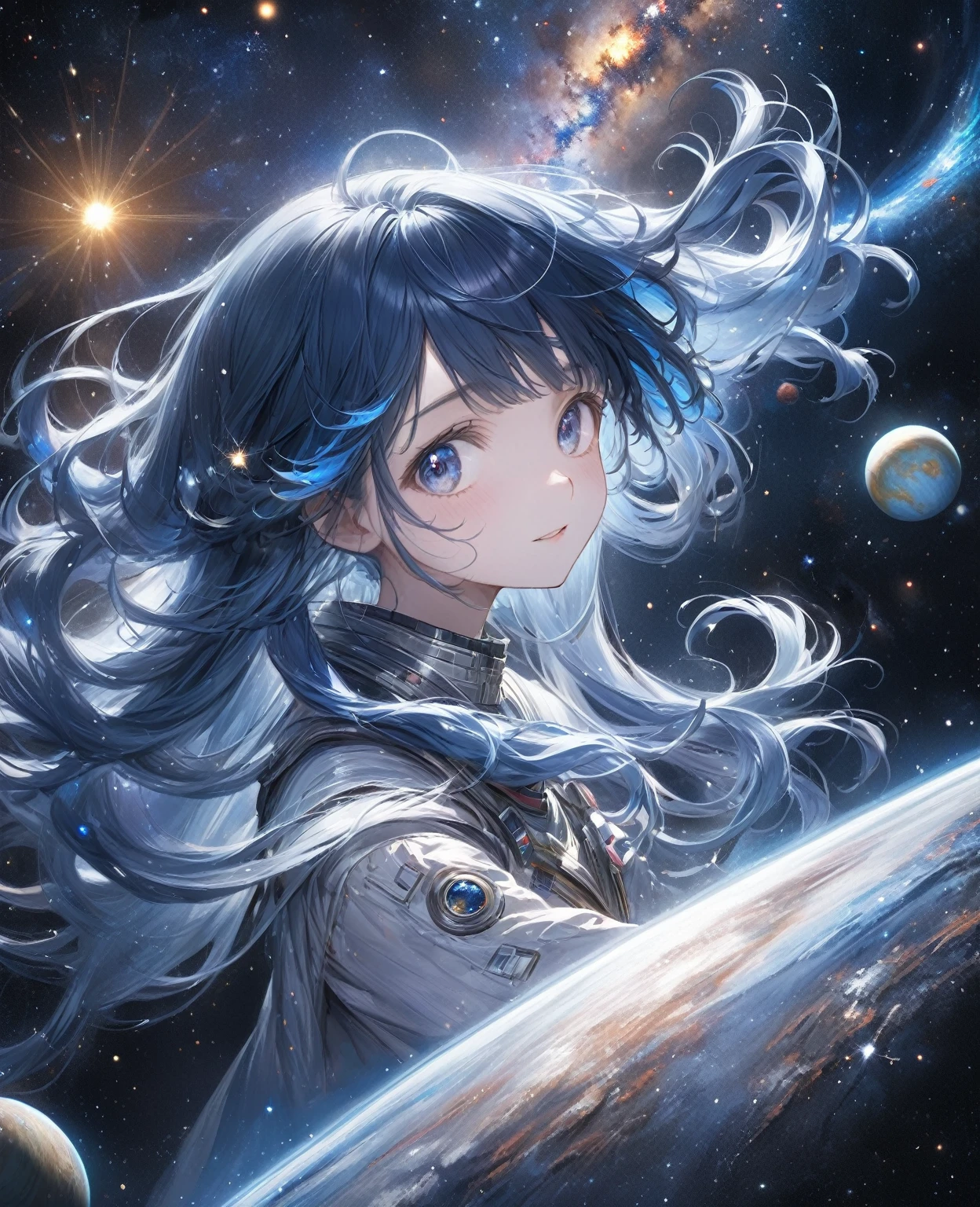 Highest quality, detailed, 4K, RAW Photos, masterpiece, detailed face,, performer, planet, Milky Way, space,, a photo of アニセマー flying in space, Blue Hair, bangs, Long Hair, View your viewers,