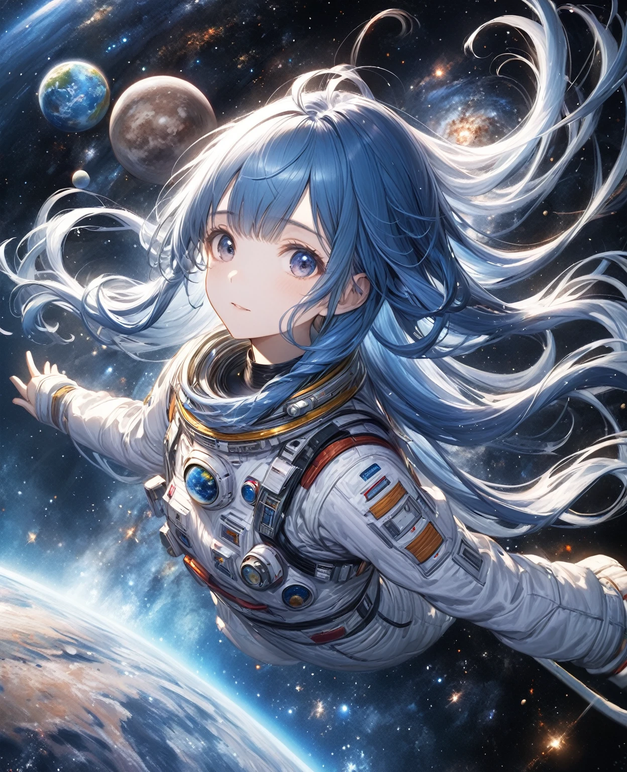 Highest quality, detailed, 4K, RAW Photos, masterpiece, detailed face,, performer, planet, Milky Way, space,, a photo of アニセマー flying in space, Blue Hair, bangs, Long Hair, View your viewers,