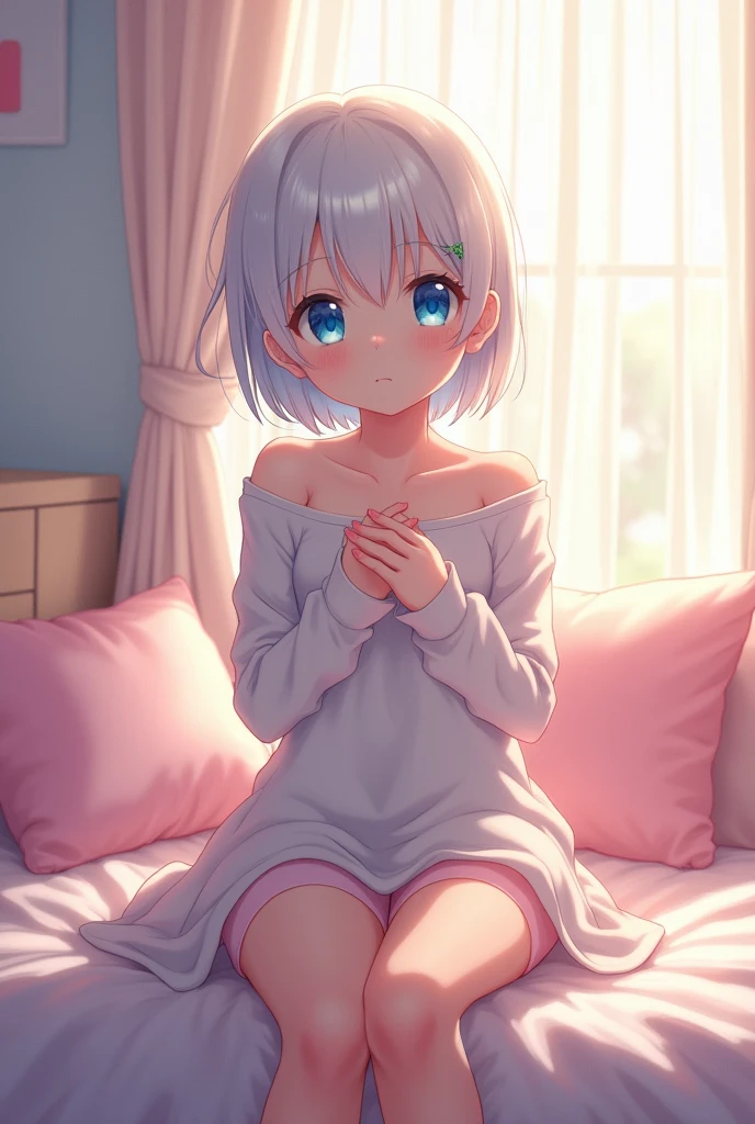 An anime girl with short white hair and light blue eyes is sitting on a bed with her knees bent, no panties on, holding her skirt and facing the camera.。Bedroom、dawn