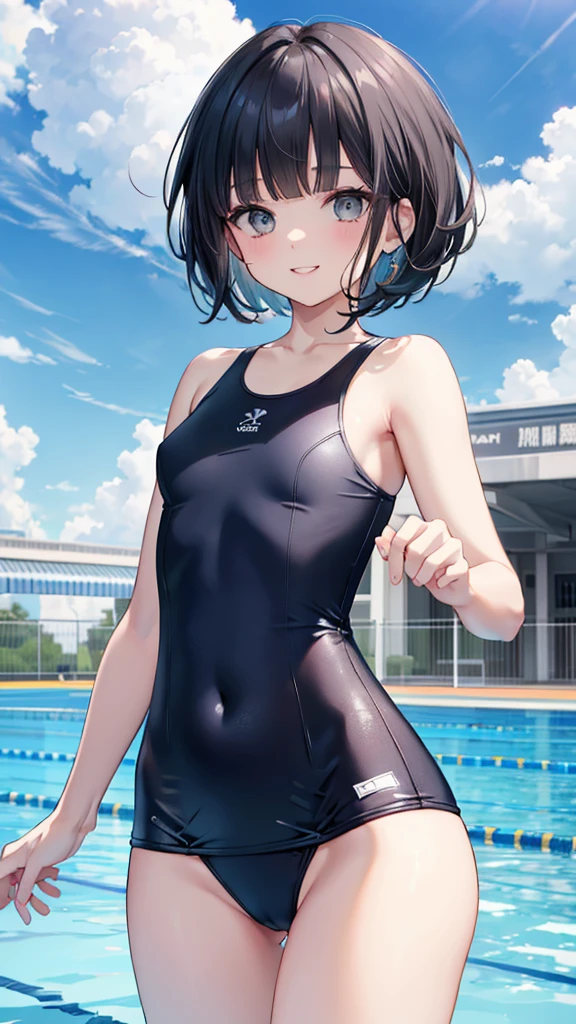 (8k、Best image quality、Highest quality、masterpiece)、Detailed face、1 person、Black Hair、Bobcut、Blunt bangs、Grey Eyes、Wicked Smile、Small breasts、One piece swimsuit、Cowboy Shot、Hips、blue sky、Pool Background、