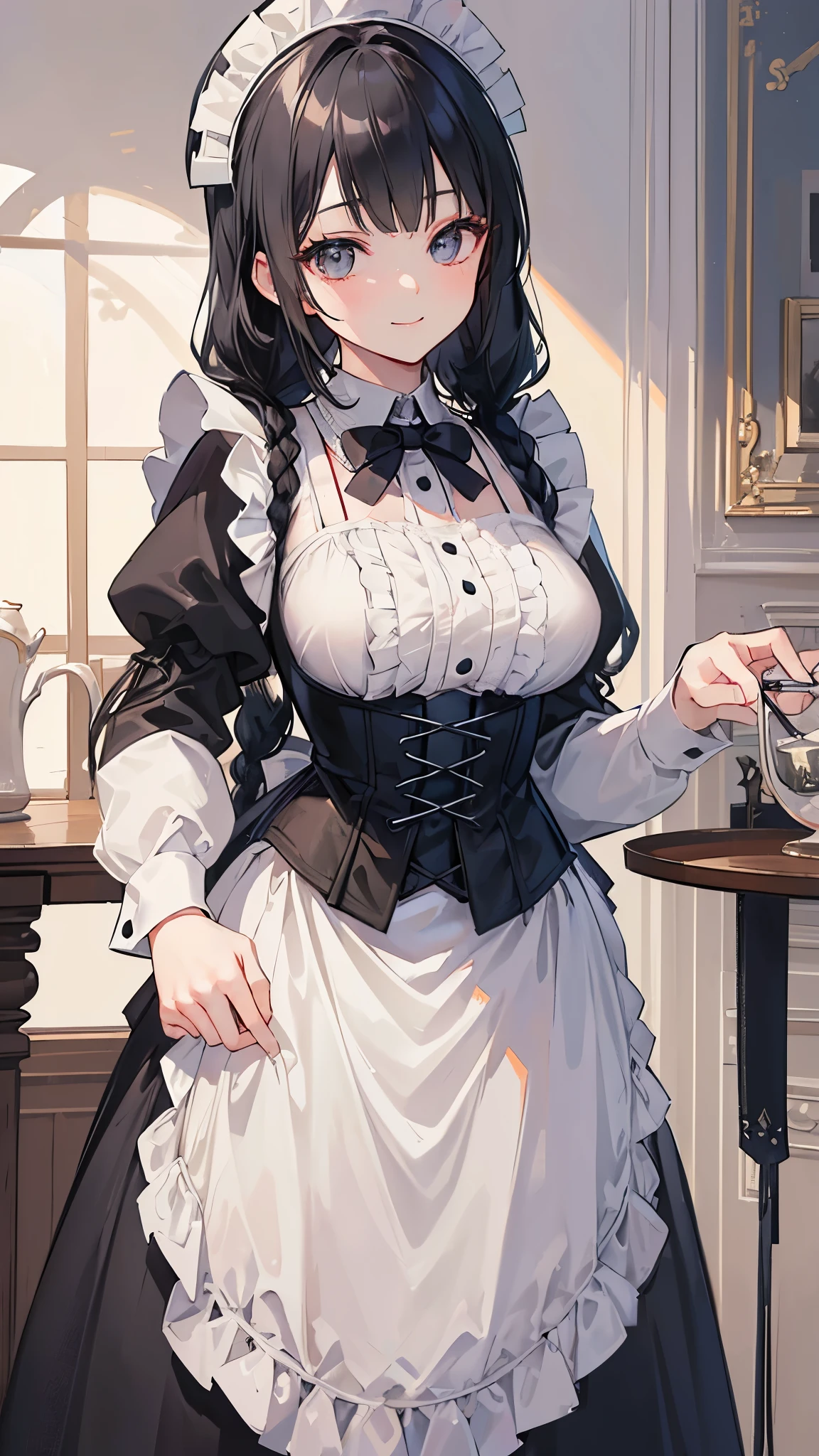 ((masterpiece、Highest quality、Very detailed))、One person、Black Hair、Long Hair、twin braids、blunt bangs、Grey Eyes、smile、Large Breasts、White brim、((maid))、Long sleeve、corset、apron、Cowboy Shot、Luxury room background
