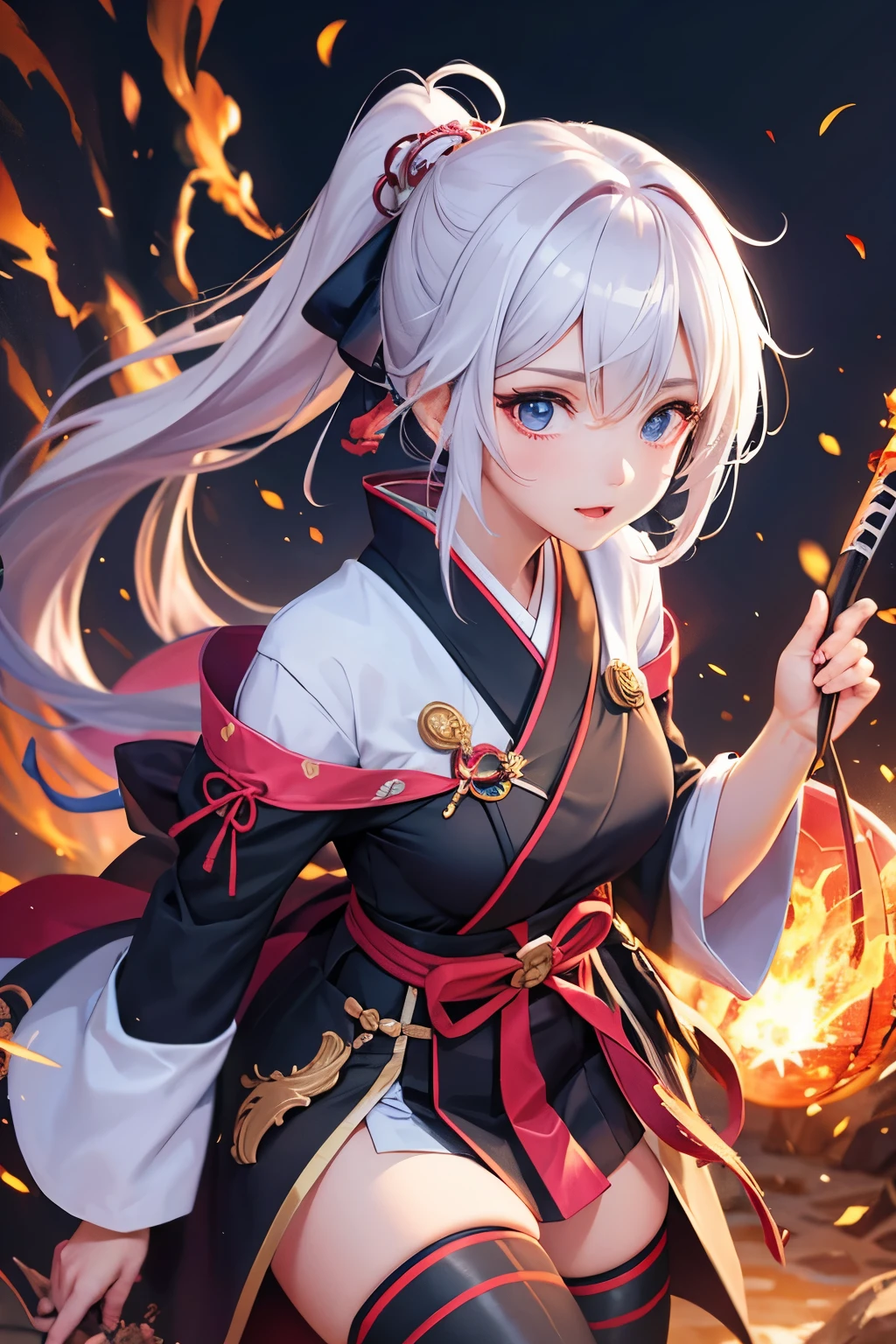 A 20-year-old female character in a flashy haori, mini hakama, knee-high boots, with long ponytail hair, holding a flaming sword, in the style of Japanese anime.
