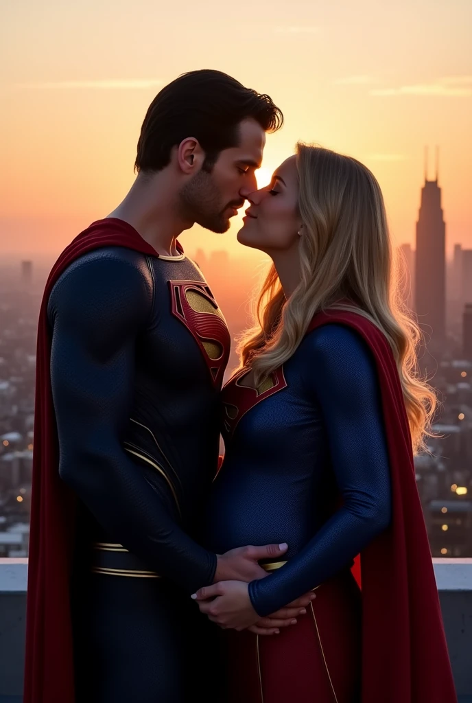Super girl and superman are kissing, she is pregnant, intimate