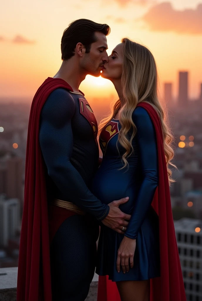 Super girl and superman are kissing, she is pregnant, intimate