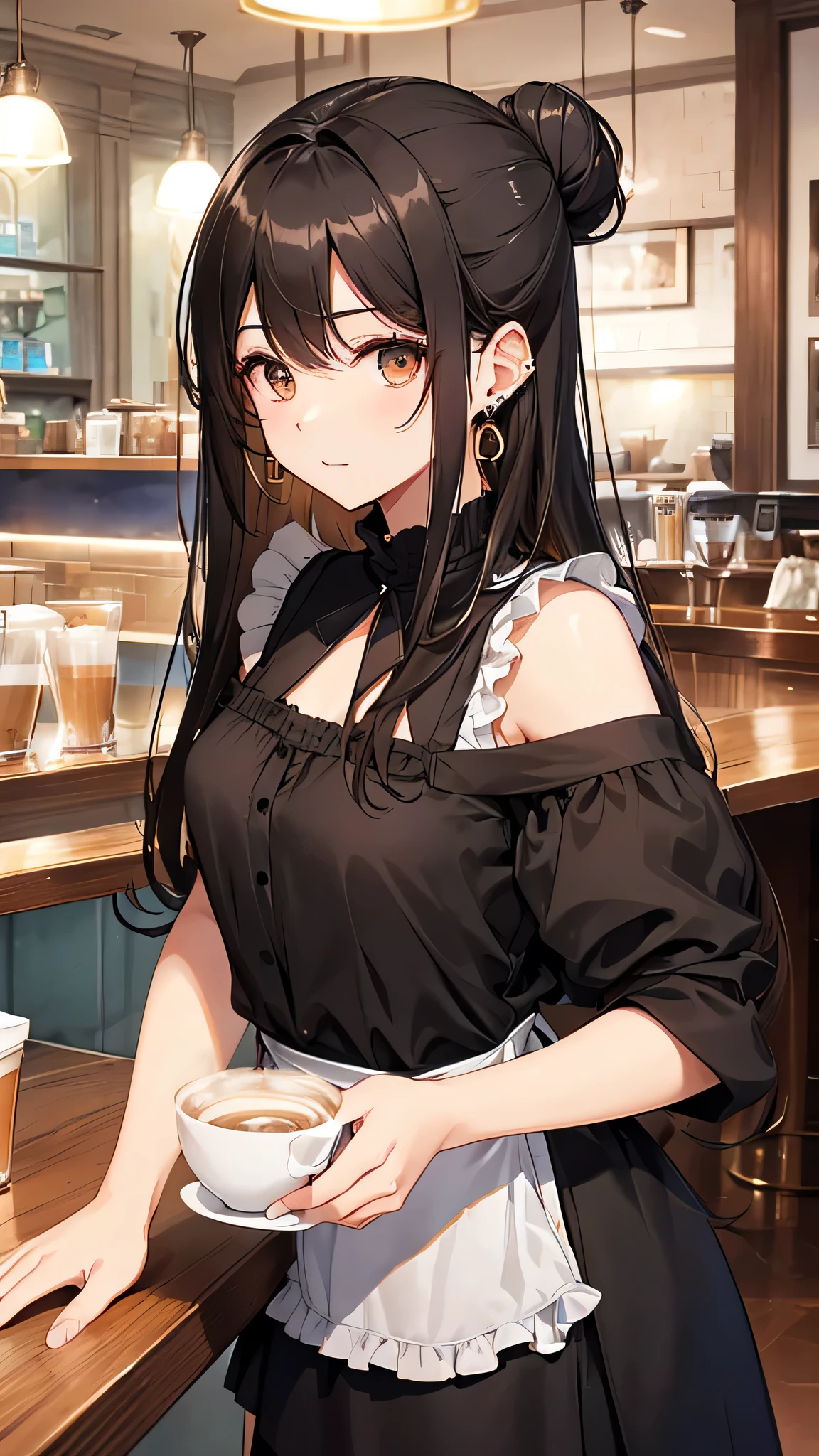Highest quality, High resolution,thin、Brown eyes、expensive、Black Hair、(amount:1.3)、(semi-long:1.3),Hair Bun、(Cafe:1.4)、Sleeveless、(Black blouse:1.3)、cardigan、Earrings