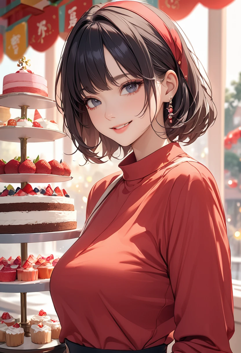(masterpiece:1.5),(Beat quality),(high res),1girl solo,beautiful face,smile,upper body,Plainclothes woman,Lots of cakes,Candy House
