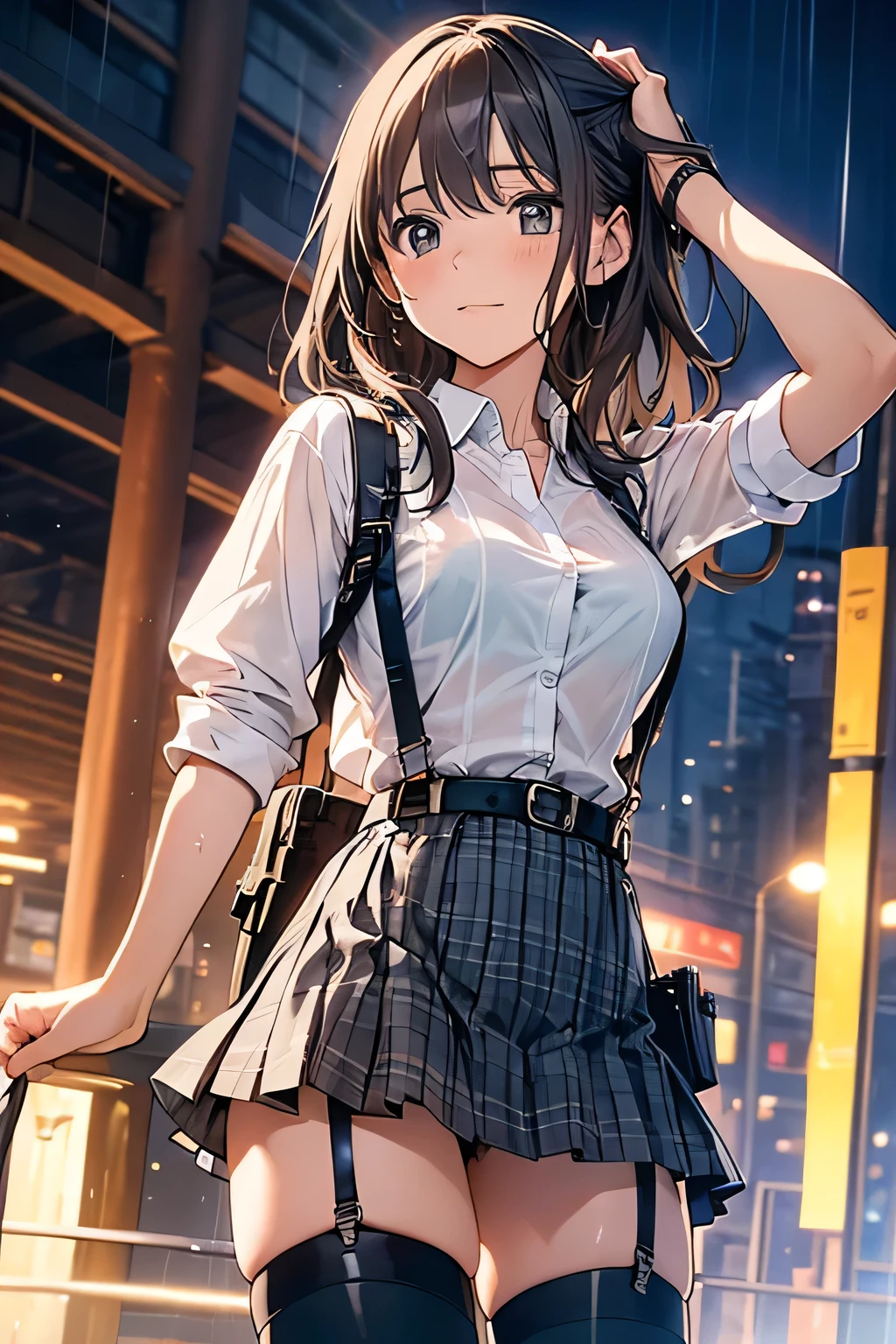 1 female, , high quality, masterpiece, Ultra-high resolution, Cinema Lighting, 1 female, , high quality, masterpiece, Ultra-high resolution, , Cinema Lighting, suspenders　　　Moderate breasts　 　 　　　　　 　　　　Small face　 　　　　　　　　　　　Looking up　　　　Sweat 　　　Thin belt　buzzer　脇Sweat 　　　　 　garter belt　　Belt on pants　　holster　 　　Hands behind your back　 　Looking up　Anxious face　Knee-high　Knee socks　Knee-highソックス 　garter　ふとももにgarter belt　Checkered mini skirt　 　　Panty shot　Skirt gap Armament　　　holster　holster 　　Hands behind your back　 Anxious expression　　Anxious face, legs apart　Armament　　Leg Holster　holster　See-through clothing　heavy rain　Rain-soaked dress shirt,Moderate breasts　ガーターbelt　suspenders　Garter on the thigh　Checkered mini skirt　Looking up　Pause　belt　Armpit sweat　Hands behind back　Raise your hands