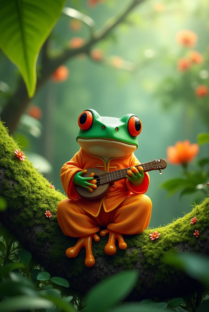 On a branch in the rainforest，Morning dew sparkles，A fat tree frog playing the biwa，The frog is wearing an orange Chinese dress，Ultra-realistic，high resolution，