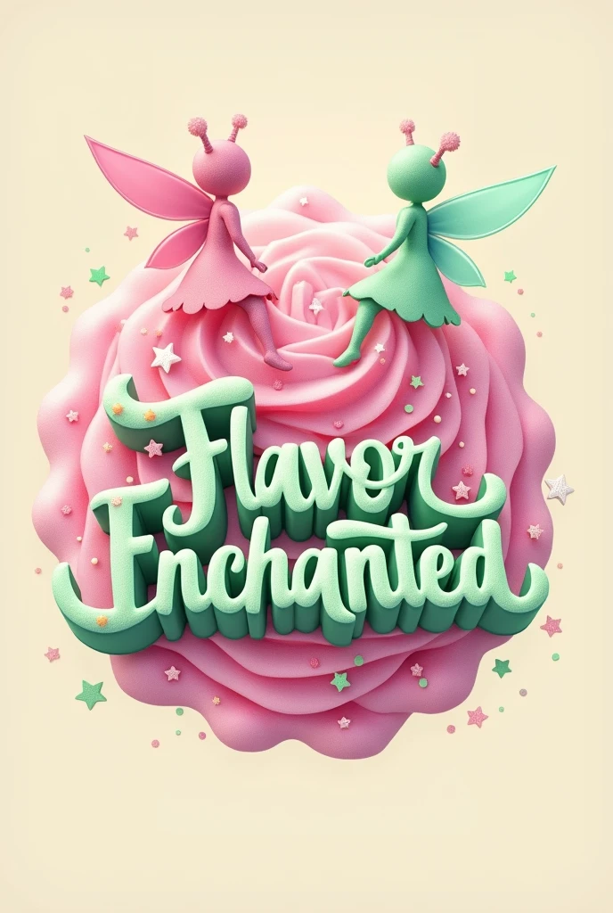 I want a logo for an ice cream shop.
The name is Enchanted Flavor. I want it to be reminiscent of fairies and have the colors pink and green.. With big letters with the name of the ice cream shop. In Portuguese the name Flavor Enchanted