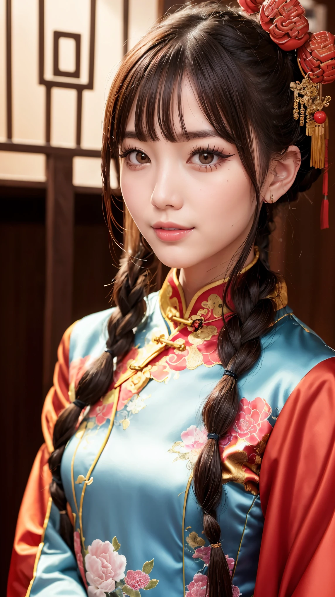 Realistic, masterpiece, Highest quality, Highest Resolution, Anatomically correct, Accurate Anatomy, 7 heads, Height: 165cm, One Japanese woman, profile, Staring at the audience, Smiling with an open mouth, Staring at the audience, Fine and beautiful eyes, Sparkling eyes, Thin eyebrows, Gives lashes a delicate finish, False eyelashes, (Chinese traditional makeup:1.2), (Dumpling+Braided hair, Blunt bangs, Brown Hair:1.2), Detailed face, Sharp Eyes, (Traditional Chinese Dress, Clothes that fit snugly to the body, Random Color:1.3), Upper body photo, Background like ink painting