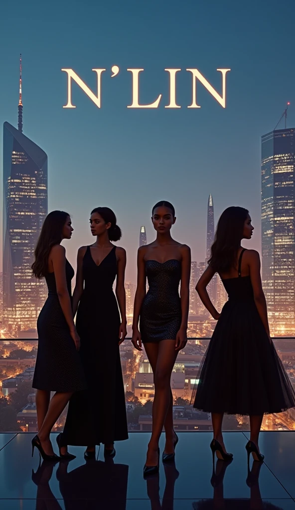 Create a fashion poster for the brand N'Lin, showcasing its chic and trendy style. The poster should appeal to young women aged 25-30, highlighting the brand's focus on fashionable and contemporary designs. Use a sleek and modern aesthetic with high-quality visuals that exude sophistication and style. Incorporate elements like bold typography, elegant models, and a clean layout that reflects the brand's identity as a leader in high-end fashion for young, stylish women. The overall design should convey a sense of exclusivity, confidence, and cutting-edge fashion.