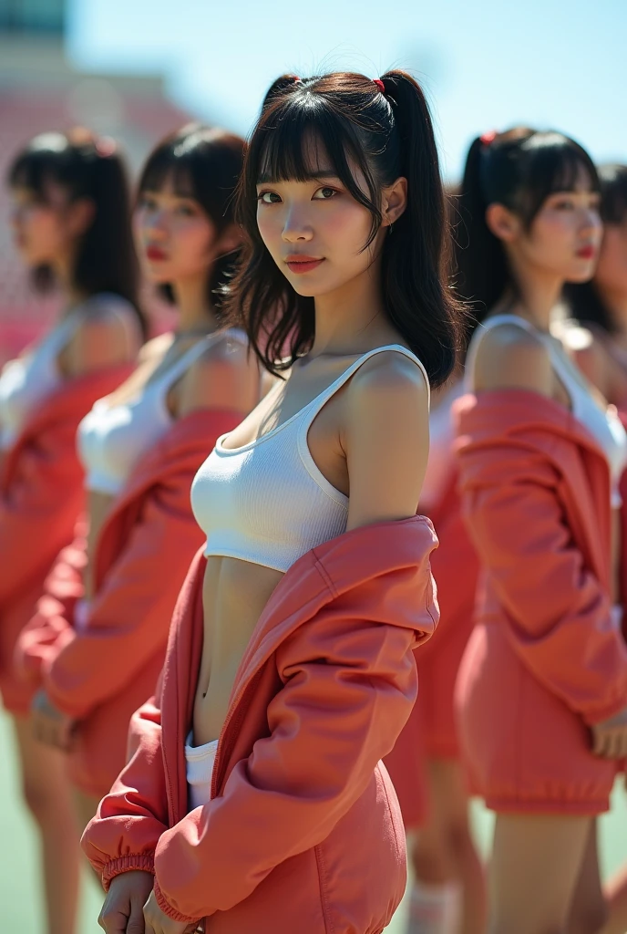 (8K、Raw photography、high quality、masterpiece:1.2),(black hair:1.5),bob cut、very short hair、ponytail、twin tails:1.4),All the beautiful girls、beautiful girl group、ultra high resolution,(cute smile:1.7)、(round face:1.8)、depth of field rally background、nude photography,no clothes,full body,standing front,low angle、The thighs look good:1.7)、super thin