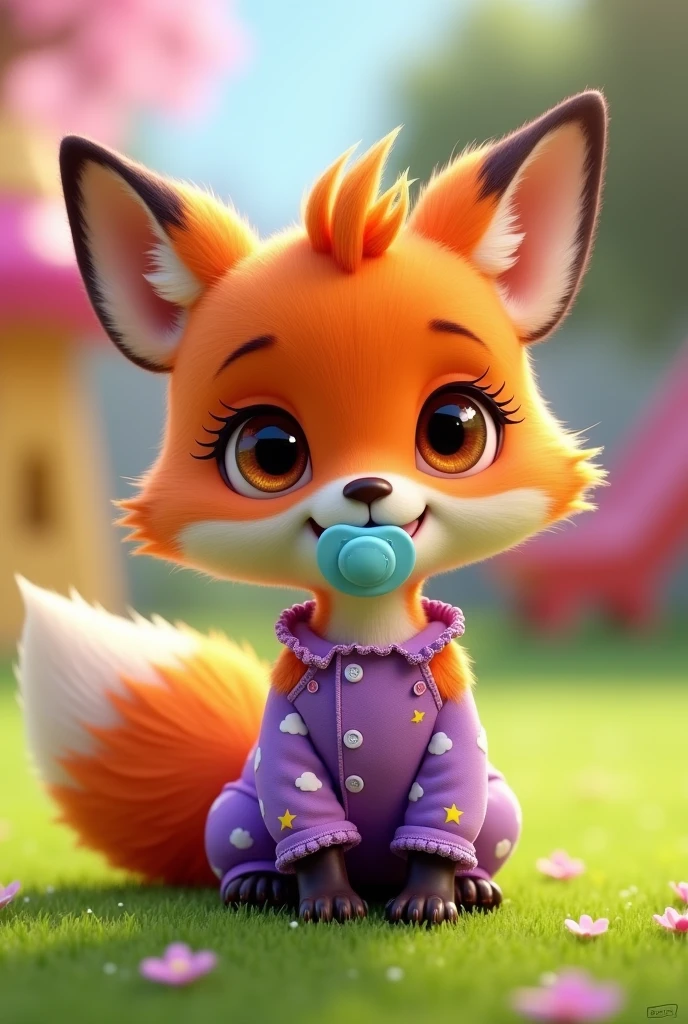 Create a 3D Disney Pixar style baby fox named Fluffy. She should have vibrant orange fur with white spots on her belly and paws.. Your eyes are big and expressive, with a bright brown tone, and her ears are big and cute. Cute girl is dressed in a purple jumpsuit with cloud and sun patterns, detailed with small buttons and lace on the edges. She is sitting with a light blue pacifier in her mouth and a bushy tail curled upwards.. Her expression should be curious and friendly., and the background should be a colorful and cheerful 3D environment, like a park or play area, capturing the magic and charm that is typical of Disney Pixar.