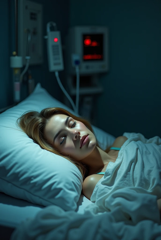 (photorealism:1.2), beautiful woman, brownish blonde hair, laying unconscious, on hospital bed, at night