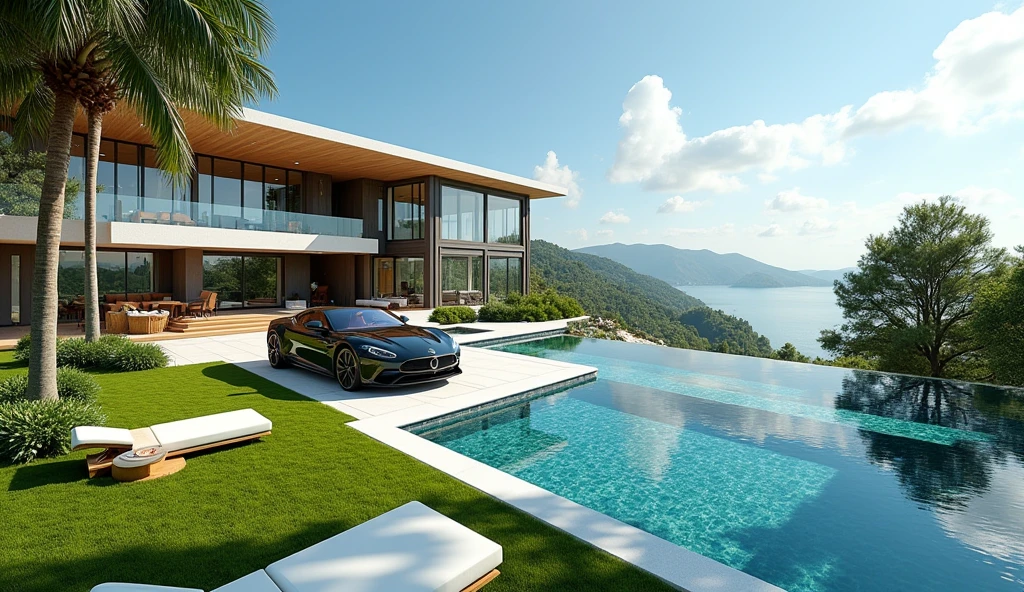 luxury mansion with a luxuary car parked in front of it, green yard with trees, behind sea and mountains, luxury pool, luxury lifestyle, luxurious environment, luxury architecture, rich, huge mansion, rich style, luxury and elite, extremely opulent, luxurious, hyper luxurious, majestic masterpiece, wealthy, luxury, stunning grand architecture, exquisite masterpiece, flaunting his wealth, inside a grand, architectural masterpiece