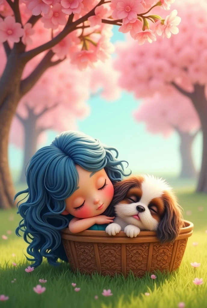 In 3D cartoon style, a girl with long, curly, blue hair, and a beautiful wooden basket with a beautiful shih tzu dog in it, the girl is sleeping.