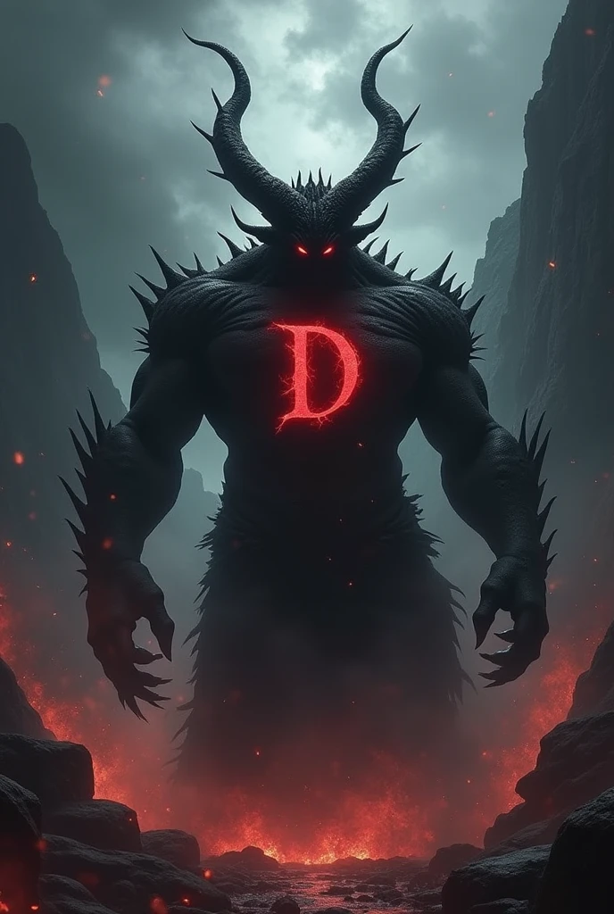 Epic black demon with a D on his chest
