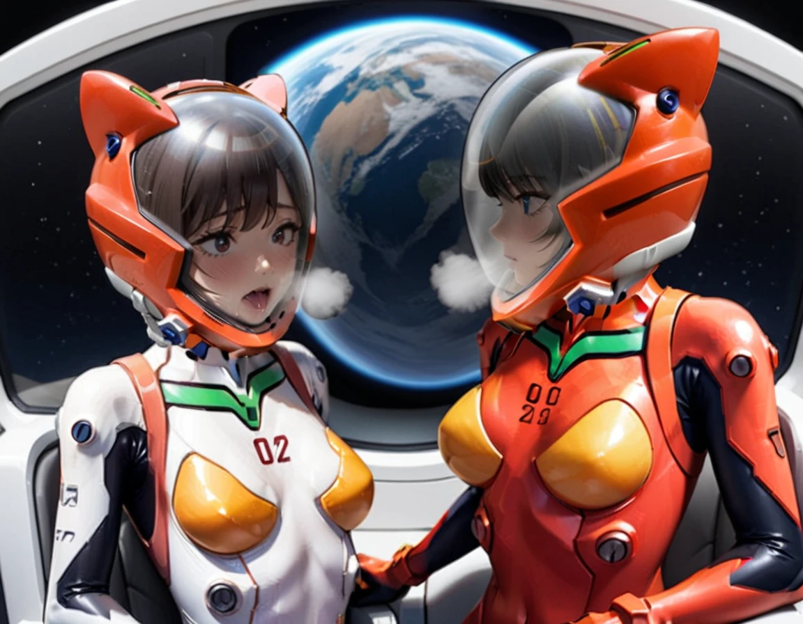 white bodysuit, plugsuit,evangelion,\ helmet, space helmet ,eva helmet,astronaut) brown hair, a pair of girls, very short hair, black hair, breast press, symmetrical docking, short hair, eye contact, looking at others, , upper body, face to face, ,(blushing), sticking out, saliva, saliva trail, heavy breathing, sweat, woman , juice, completely , navel, buttocks, sitting, room, cocpit blushing, sweat, eye contact, space helmet, cockpit of a (futuristic spaceship:1.1), sitting in the captains chair, (intricate control panels:1.3), (gleaming metal:1.1), eva helm, spacesuit , astronaut), from above, pink hair, , space helmet,wearing a (spacesuit:1.15), white cargo pants, hovering, flying, moon surface, earth, floating pose, happy, smilebeautiful 8k wallpaper, highly advanced, (sleek design:1.3), intricate, highres, superb, 8k wallpaper, extremely detailed, intricate,(, cat ears, , , red helmet,  