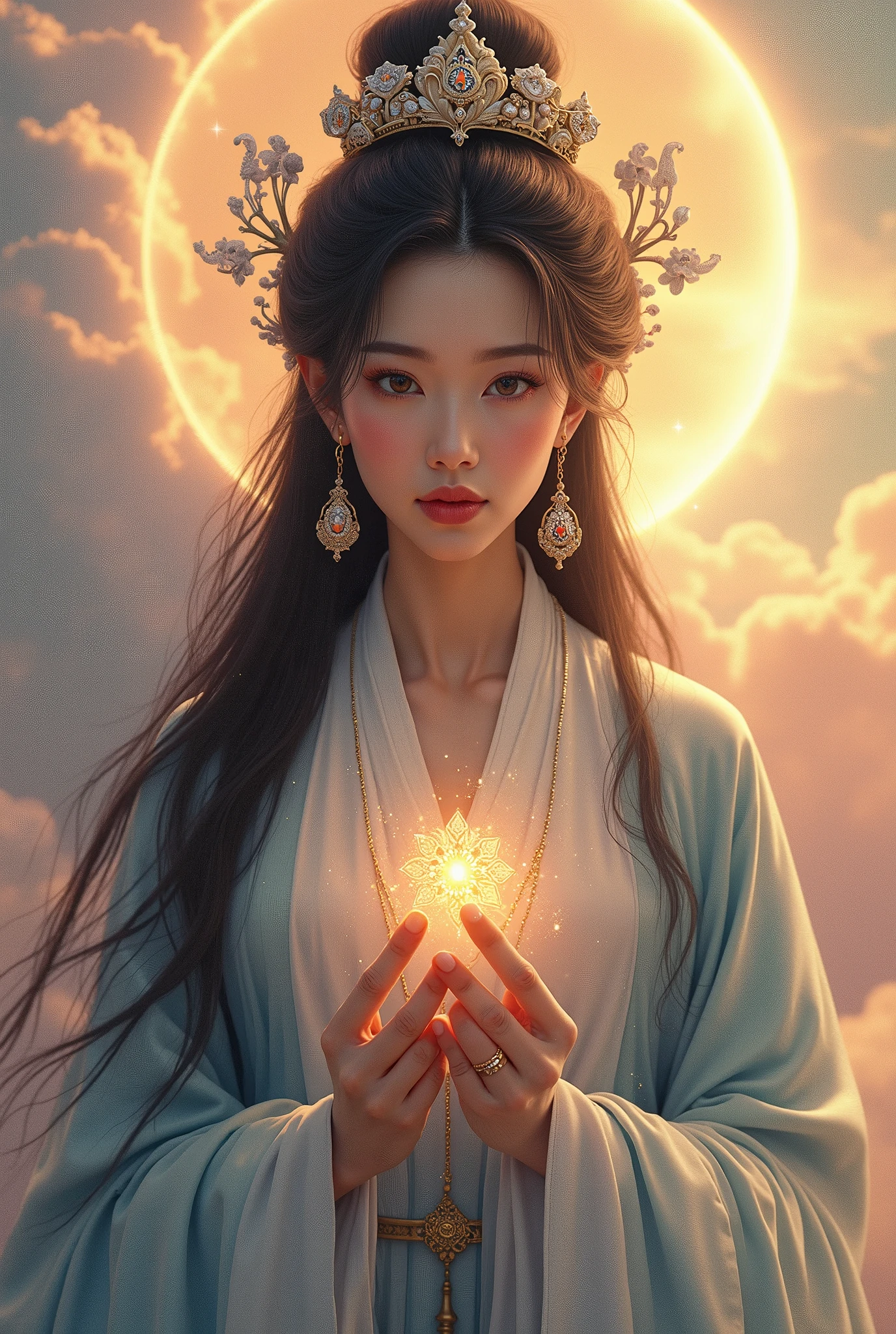 super detailed, realistic, vietnamese goddess, gorgeous detailed eyes, gorgeous detailed lips, shiny black hair, big and beautiful breasts, sparkling ornaments, mysterious aura, sublime beauty, elegant posture, divine light, powerful presence, Surrounding Heaven, bright colors, fairy-tale atmosphere, brilliance, calm expression, transcendent energy, supreme being, legendary figure, queen of heaven, spiritual empowerment, liberated god, Great Goddess, Divine Feminine, unparalleled elegance, Majestic presence, captivating gaze, magical atmosphere, peaceful tranquility, Inspiring brilliance, God's grace, majestic power, eternal silence, Magical amulet, Goddess of Heaven, enchanting beauty, sublime perfection, dreamy atmosphere, enchanting beauty, heavenly divinity