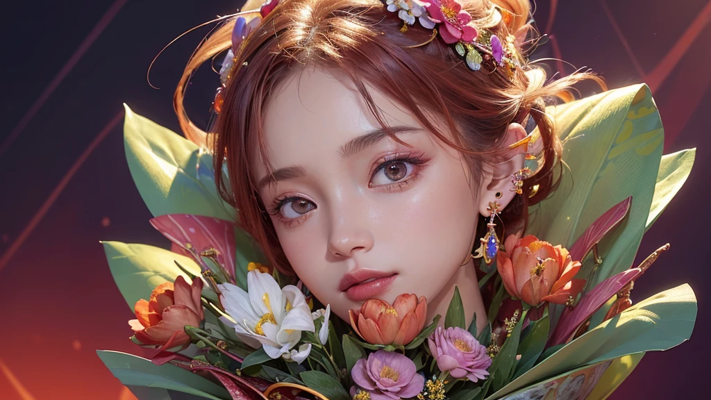 32K, 最高quality, 最高masterpiece, (ultra-Detailed Background, Detailed Background), High resolution, Super detailed, Very detailedな, 1 personの, (bouquet:1.3), (Tangled:1.2), (Geometric:1.2),(colorful),(masterpiece, quality, best quality, Official Art, Beautiful and beautiful:1.2), (1 person:1.3), Very detailed,(colorful:1.1)(Flowers:1.3),Most detailed,(Tangled:1.2), whole body, (Abstract background:1.3), (Skin glows), (Many colors:1.4), ,(Earrings Jewelry:1.5), Pale Red Background, It's imaginative., Milk tea colored hair, Updo,