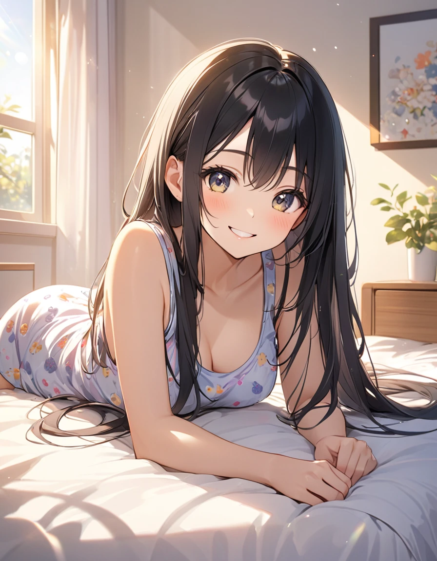 Woman, cute, adorable, smiling, straight hair, long hair, black hair, morning, sunny, looking at the camera, bedroom, sunlight, tank top pajamas, lying on bed,
on stomach,
on belly,
(put stomach on bed:1.3),