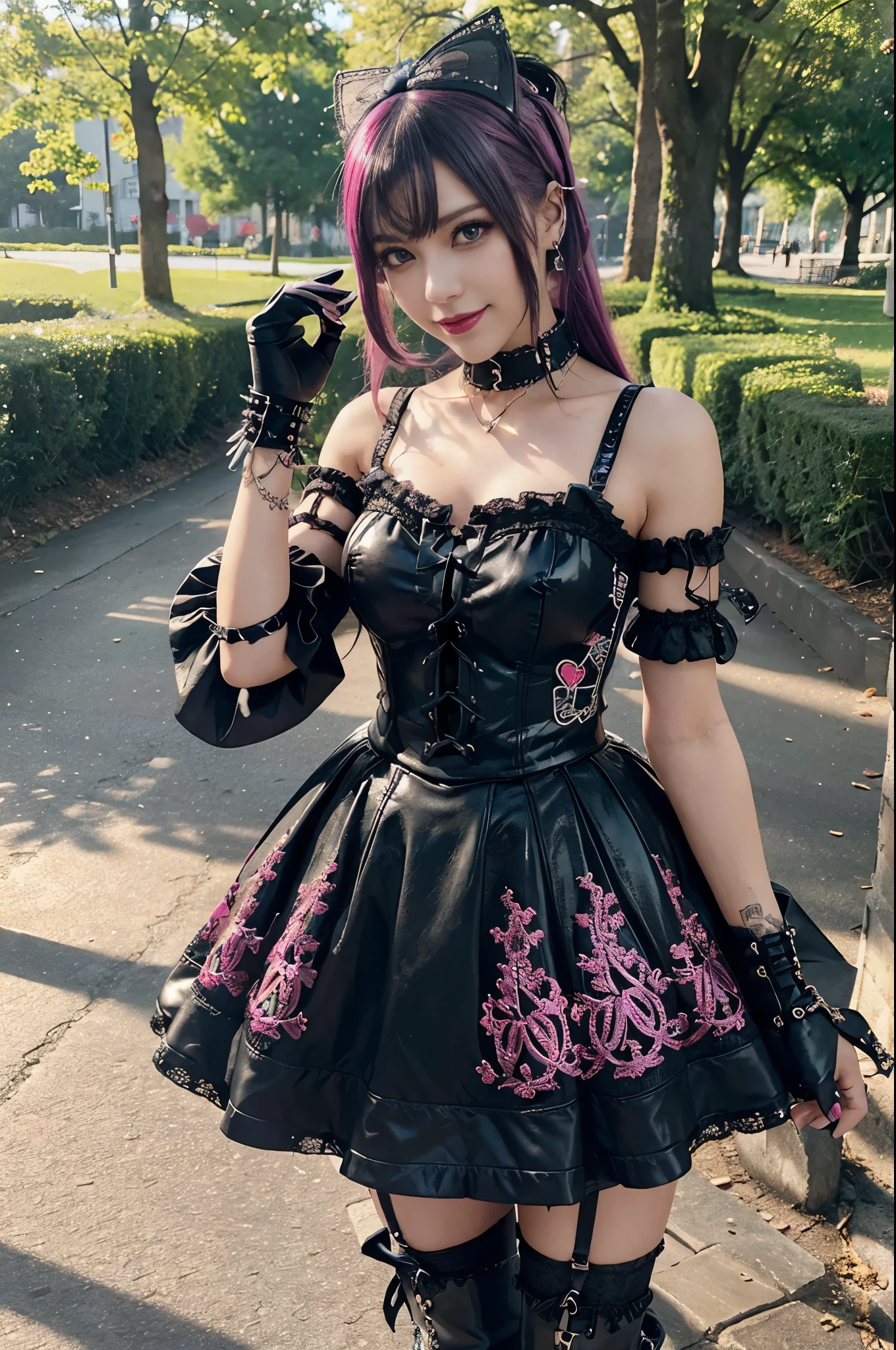 y stylish female model, only 1 female, ((doll-like appearance)), long stylish hair, ((shiny Punk-Style boots)), (happy smile), ultra detailed eyes, long lashes, metallic makeup, lip-gloss, ((sexunk Lolitaay)), unconventional skirt, petticoats, high neckline, ((ultra detailed lace)), ((ultra detailed embroidery)), intricate details, tartan patterns, safety pins, Punk Lolita acces, short black gloves, Punk Lolita choker, ((lparkling Punk Lolita jewelry)), cinemaght, detailed sunny large park background with trees