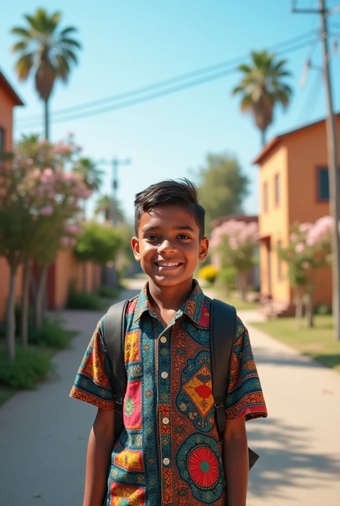 Create an image where a 14 year old boys samiullah printed in his shirt going to school 