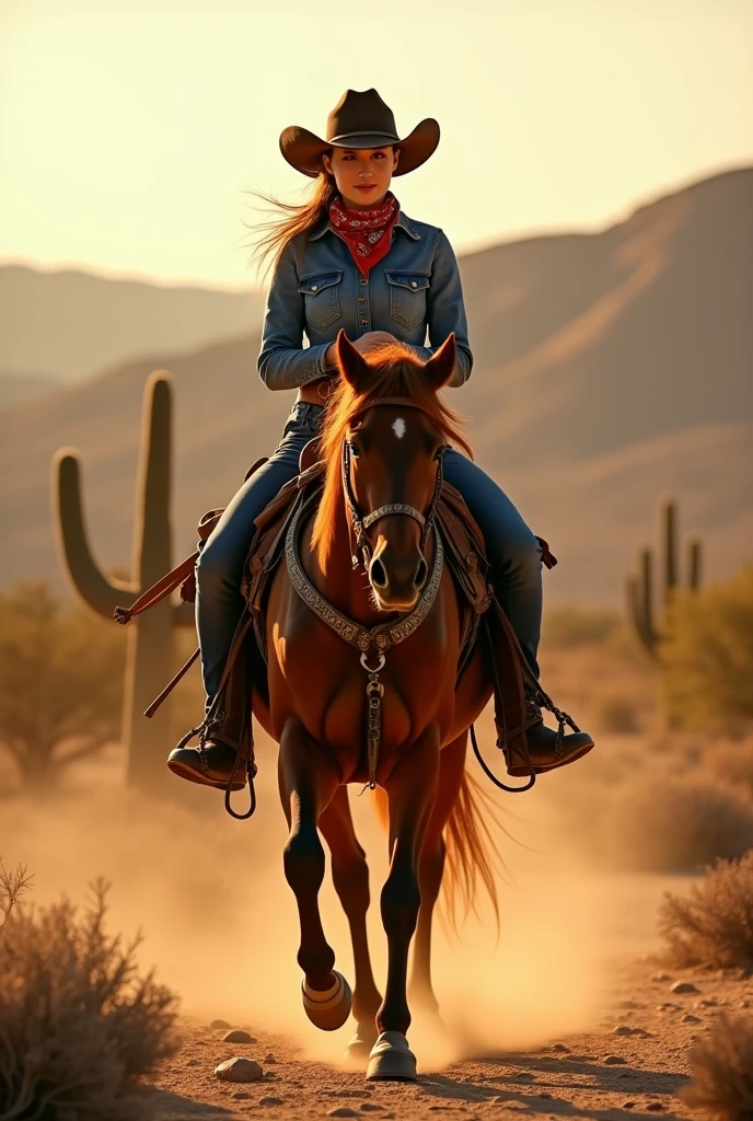 Imagine a spirited and independent Western Cowgirl in a picturesque desert setting. She should be riding a beautiful chestnut horse, both of them radiating confidence and grace. The Cowgirl is dressed in classic Western attire, wearing a rugged denim shirt, well-worn leather boots, and a wide-brimmed hat that casts a shadow over her determined face. Her hair is tied back in a ponytail, and a bandana is tied around her neck. She has a leather belt adorned with a decorative buckle and carries a worn leather saddlebag slung over her shoulder. The setting sun bathes the scene in warm, amber light, creating long shadows across the sandy terrain as she confidently guides her horse through the desert, embodying the spirit of the American West."