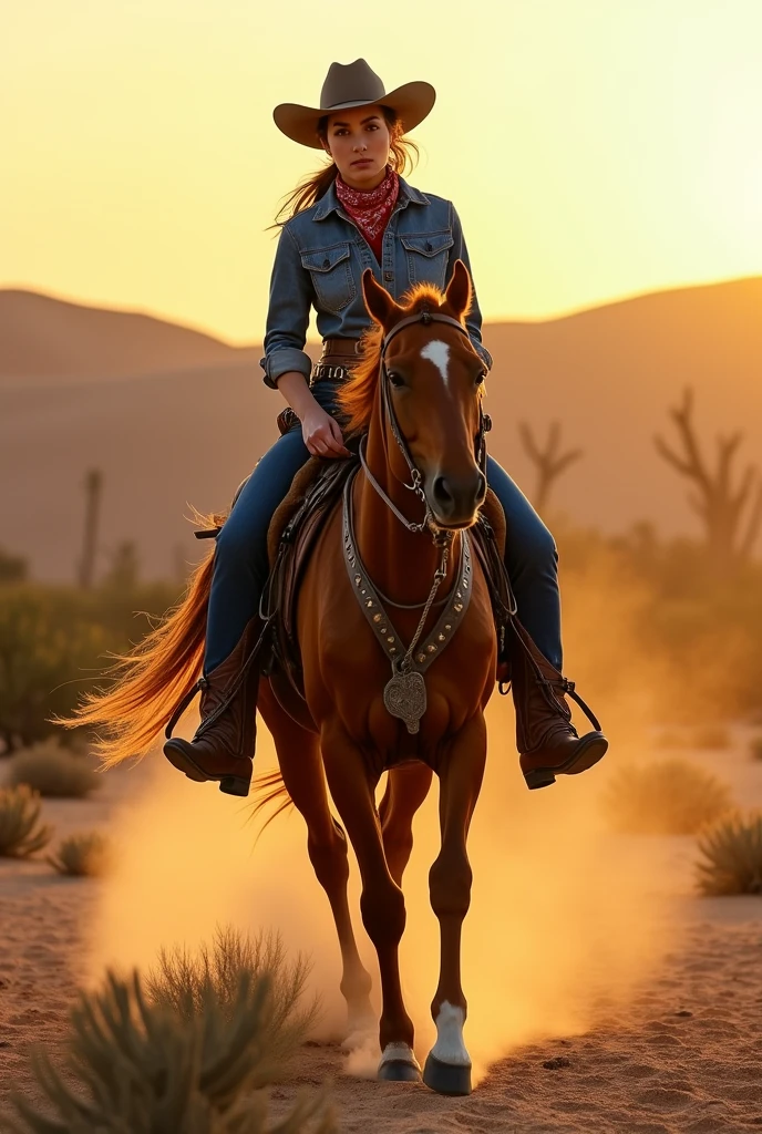 Imagine a spirited and independent Western Cowgirl in a picturesque desert setting. She should be riding a beautiful chestnut horse, both of them radiating confidence and grace. The Cowgirl is dressed in classic Western attire, wearing a rugged denim shirt, well-worn leather boots, and a wide-brimmed hat that casts a shadow over her determined face. Her hair is tied back in a ponytail, and a bandana is tied around her neck. She has a leather belt adorned with a decorative buckle and carries a worn leather saddlebag slung over her shoulder. The setting sun bathes the scene in warm, amber light, creating long shadows across the sandy terrain as she confidently guides her horse through the desert, embodying the spirit of the American West."