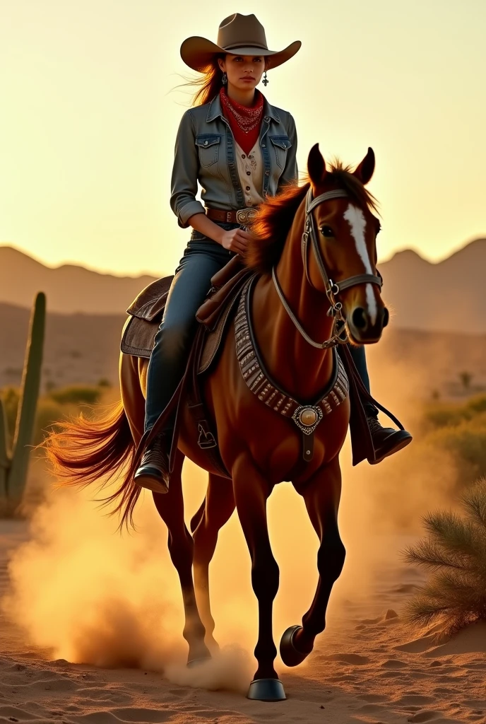 Imagine a spirited and independent Western Cowgirl in a picturesque desert setting. She should be riding a beautiful chestnut horse, both of them radiating confidence and grace. The Cowgirl is dressed in classic Western attire, wearing a rugged denim shirt, well-worn leather boots, and a wide-brimmed hat that casts a shadow over her determined face. Her hair is tied back in a ponytail, and a bandana is tied around her neck. She has a leather belt adorned with a decorative buckle and carries a worn leather saddlebag slung over her shoulder. The setting sun bathes the scene in warm, amber light, creating long shadows across the sandy terrain as she confidently guides her horse through the desert, embodying the spirit of the American West."