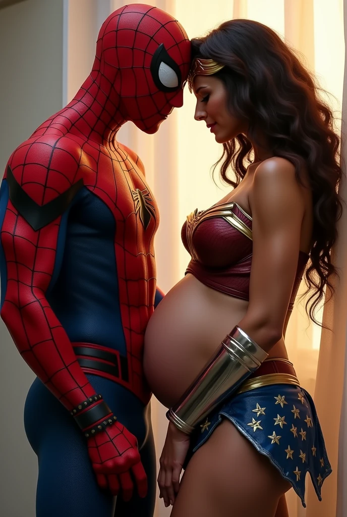 Spiderman is inserting his fingers in Wonder Woman’s vagina under her skirt, he is fingering her, she is in ecstasy, she is pregnant