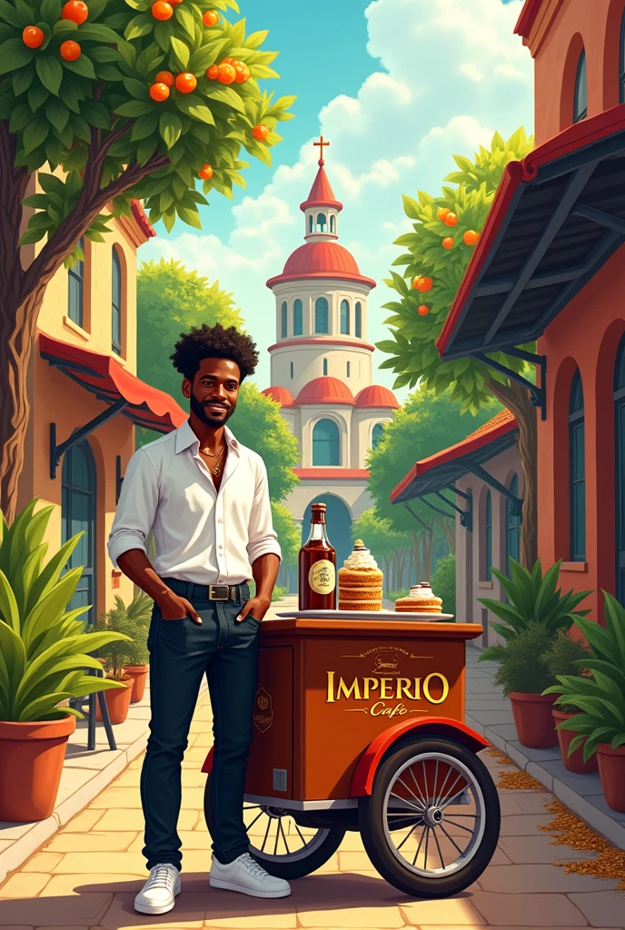 A farm in an imperial castle with coffee plantations with lots of fruit and a young black man with a teenage face and curly, coiled hair and a good straight down with an American cut and a white blouse., with a logo written 'Império do Café' in Portuguese wearing black jeans and very elegant white sneakers, selling coffee and with some bottles of coffee and cake in his white cart with the logo written coffee empire through the streets of Austin in Portuguese on the cart all in drawing