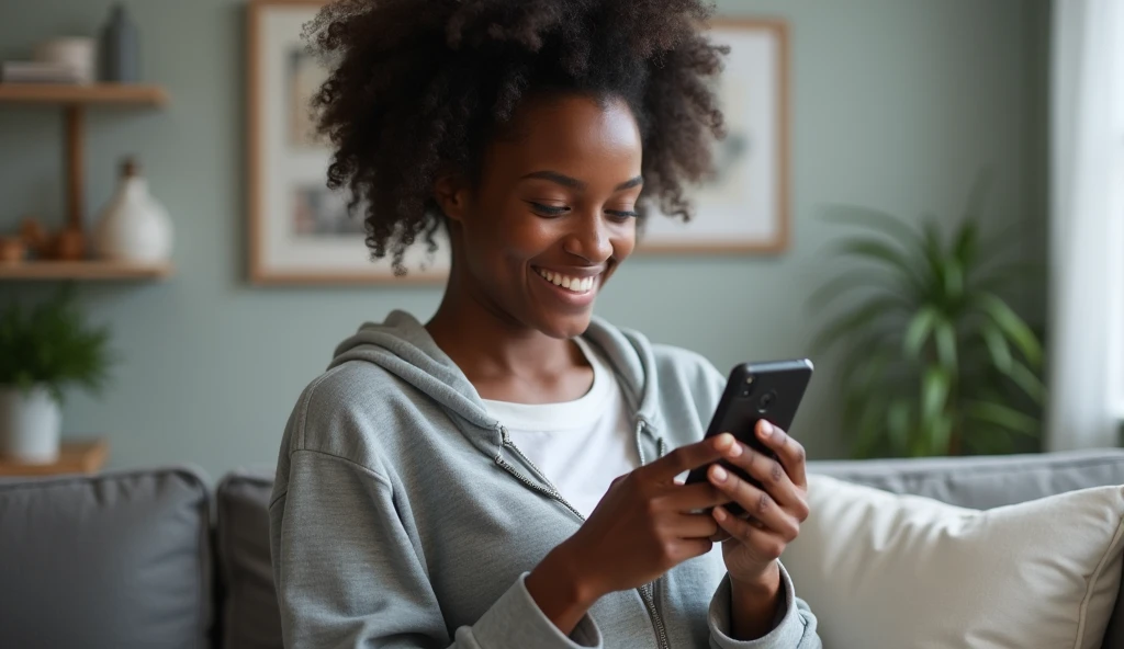 Back woman, with a happy face, monitoring a security camera in your home using a cell phone. The background must be light gray and the cell phone must have the view of this security camera on the screen.