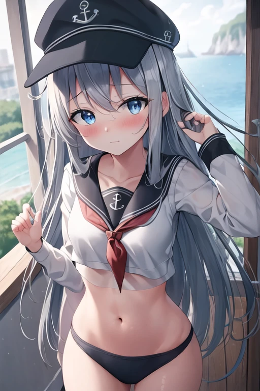 (masterpiece), highly detailed, best quality, (high resolution), 8k, 1girl, solo, serafuku, navel, small breasts,long_hair, blue_eyes, blush, hair_between_eyes, grey_hair, hat, white_hair, midriff, embarrassed, immature, black cap, anchor_symbol,