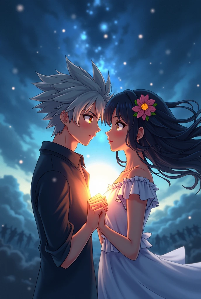 Anime couple representing  a quote "his love roared louder than her demons"