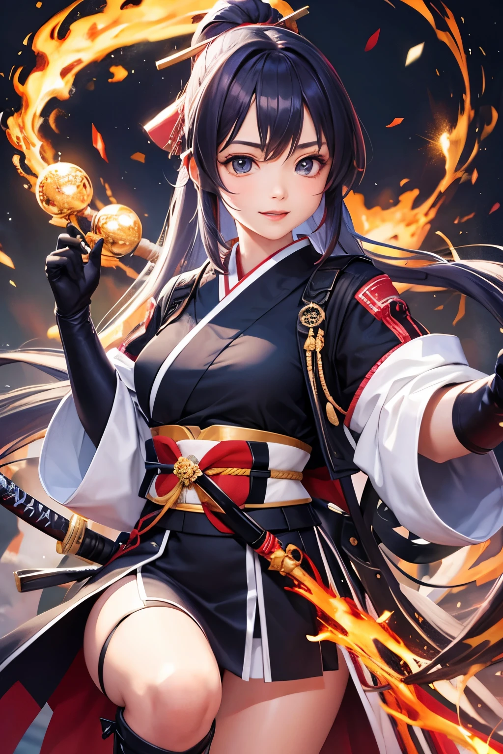 A 20-year-old female character in a flashy haori, mini hakama, knee-high boots, with long ponytail hair, holding a flaming sword, in the style of Japanese anime.