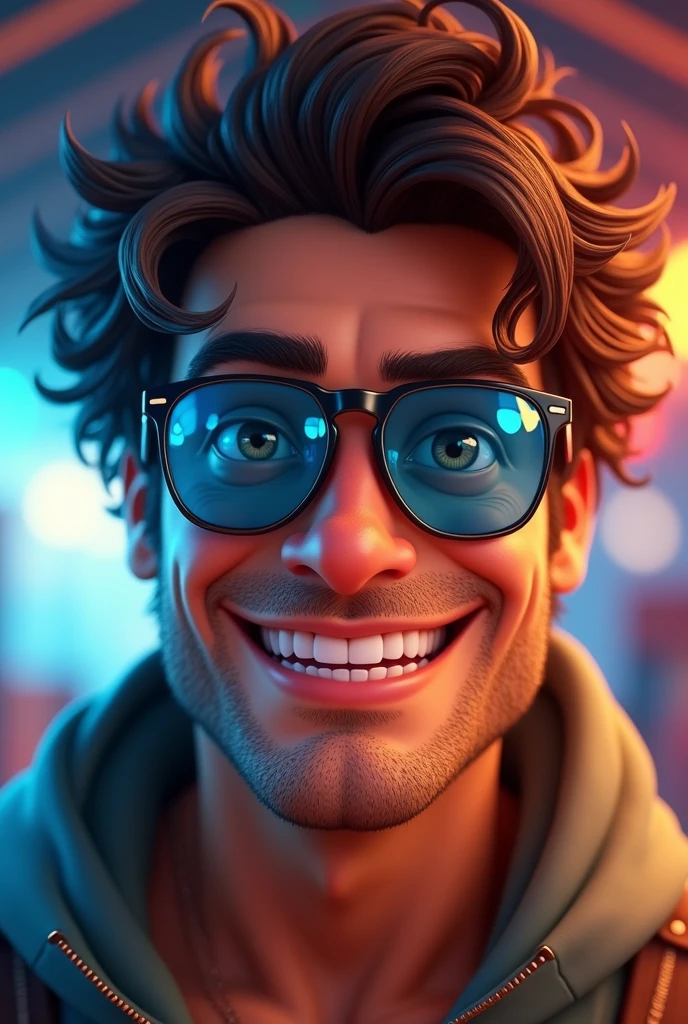 A  male with dark brown eyes, with broken hair, thick lips, high, thin and with happy expression, put on  blue oakley glasses,3d render