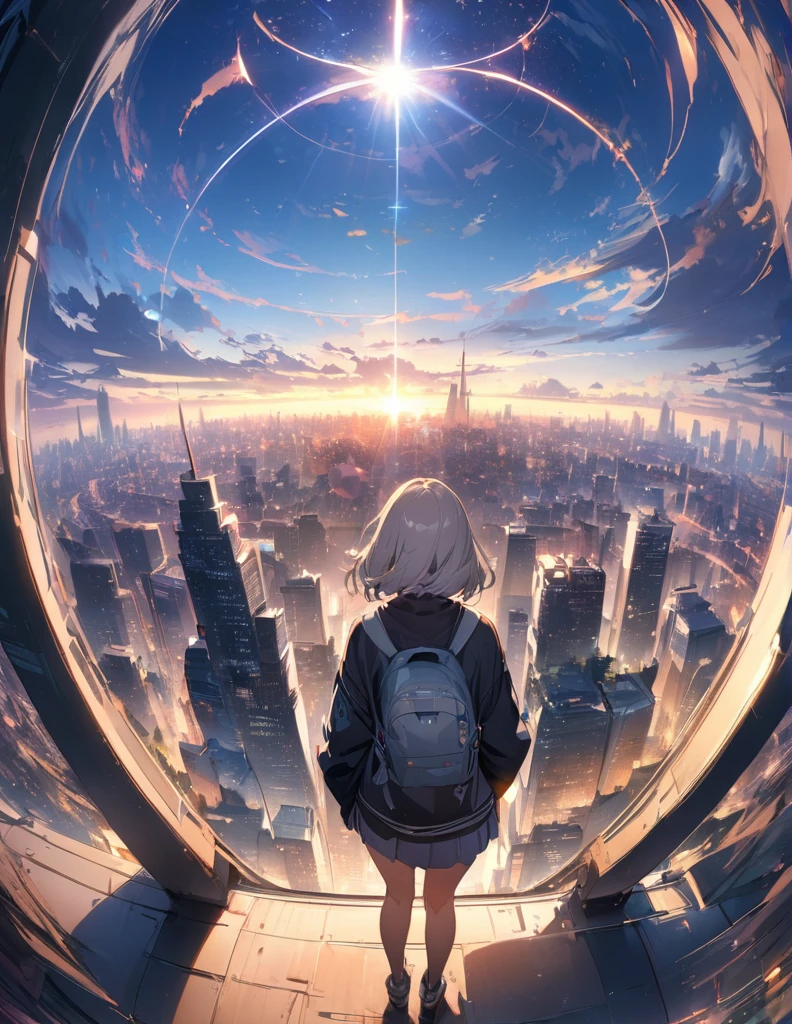 (anime)、(masterpiece:1.2),Atmospheric perspective,Lens flare、Ultra-wide background focused on the girl、Future City、Standing on the roof