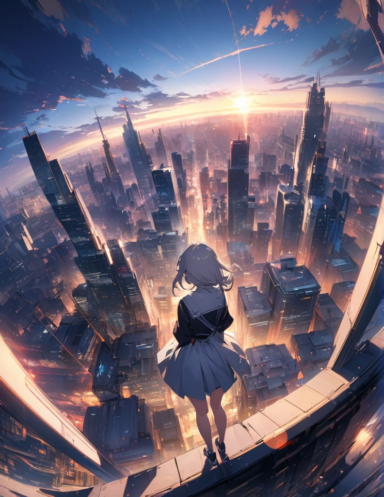 (anime)、(masterpiece:1.2),Atmospheric perspective,Lens flare、Ultra-wide background focused on the girl、Future City、Standing on the roof