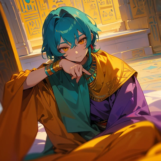 Solo, 1 boy, (Turquoise hair), orange eyes, Arabian style, handsome, 15 years old kid, orange eye liner, soft smile closing eyes, ((ancient Arabic purple clothes)), Arabian nights, ((Egyptian style)), jewelry 