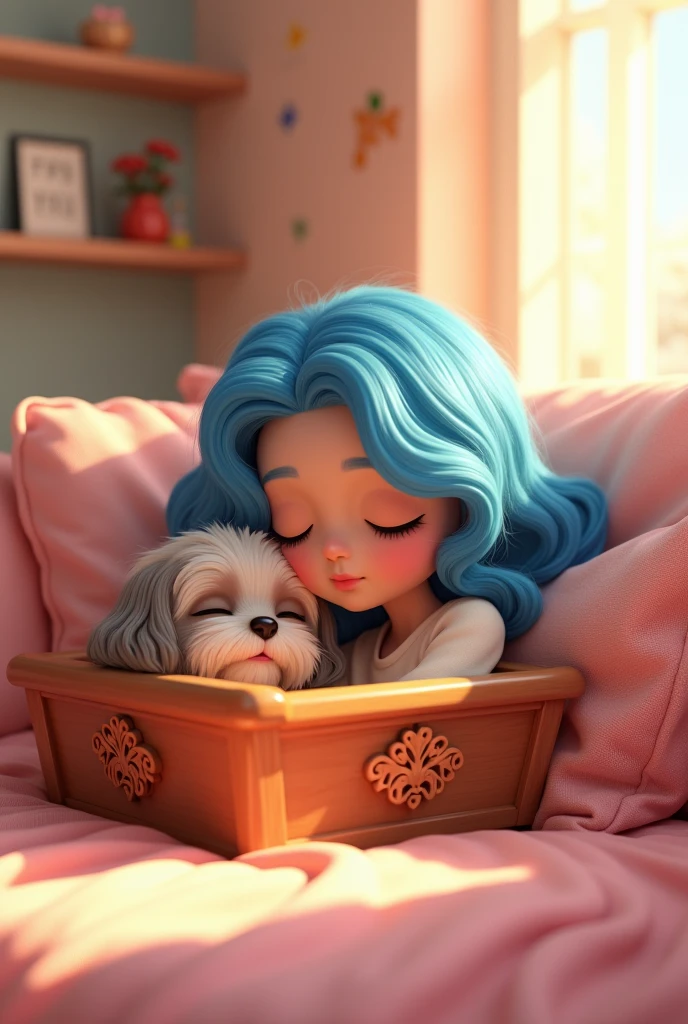 In 3D cartoon style, a 20-year-old girl with long, blue, curly hair, and a beautiful wooden basket with a beautiful shih tzu dog in it, the girl is sleeping.