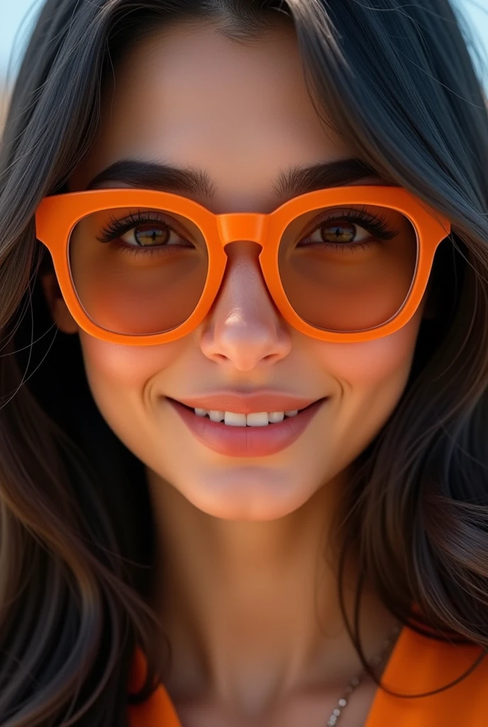 A emma myers,brown eyes,perfect eyes,black hair,close up, nice smile,,put in orange oakley glasses, 3d render