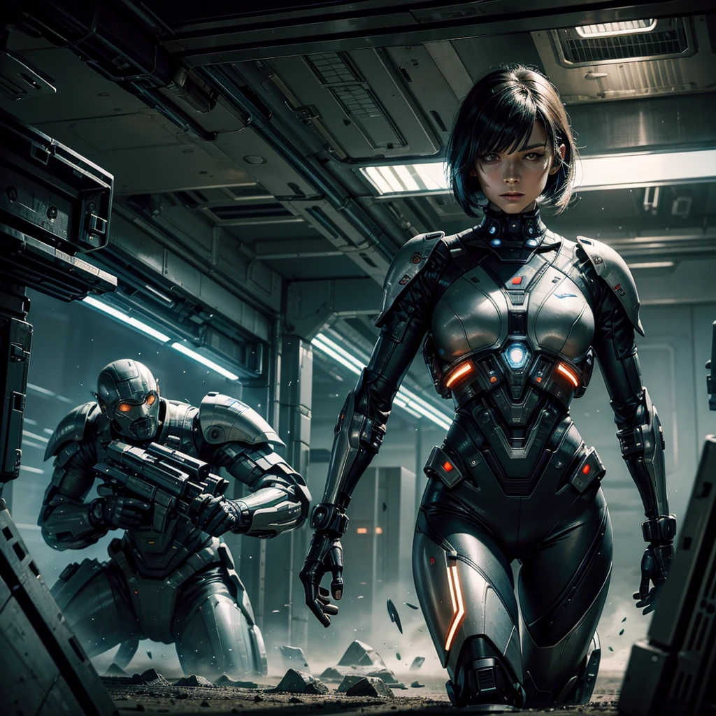 a woman in a futuristic uniform in a battlefield where futuristic soldiers and alien cyborgs face each other, on the field there are signs of battle and pieces of futuristic technology