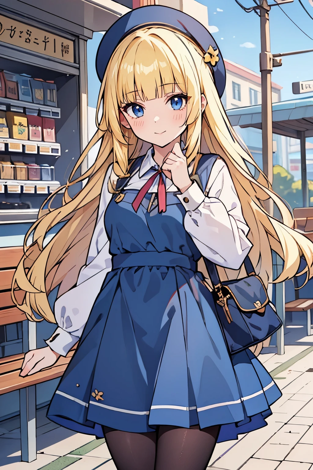 cowboy shot, Young adult girl, best quality, 1 girl, female figure, yellow hair, blunt bangs, extra long hair, crystal blue eyes, golden blonde hair, voluminous hair, disheveled wavy hair, cute girl, (medium small breasts), (young female body: 1.4) , Train station background, vending machines and benches, pantyhose, white shoulder bag, blue apron dress, long sleeves, blue dress, lapel dress, school girl apron