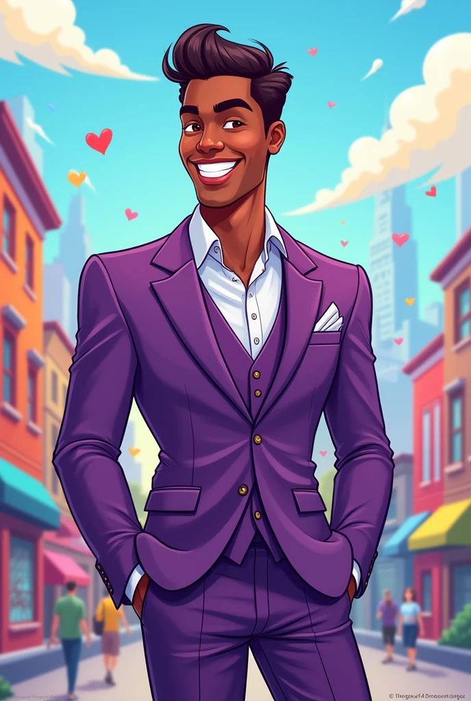 Cartoon male character with brown skin, no beard, wearing a purple suit 