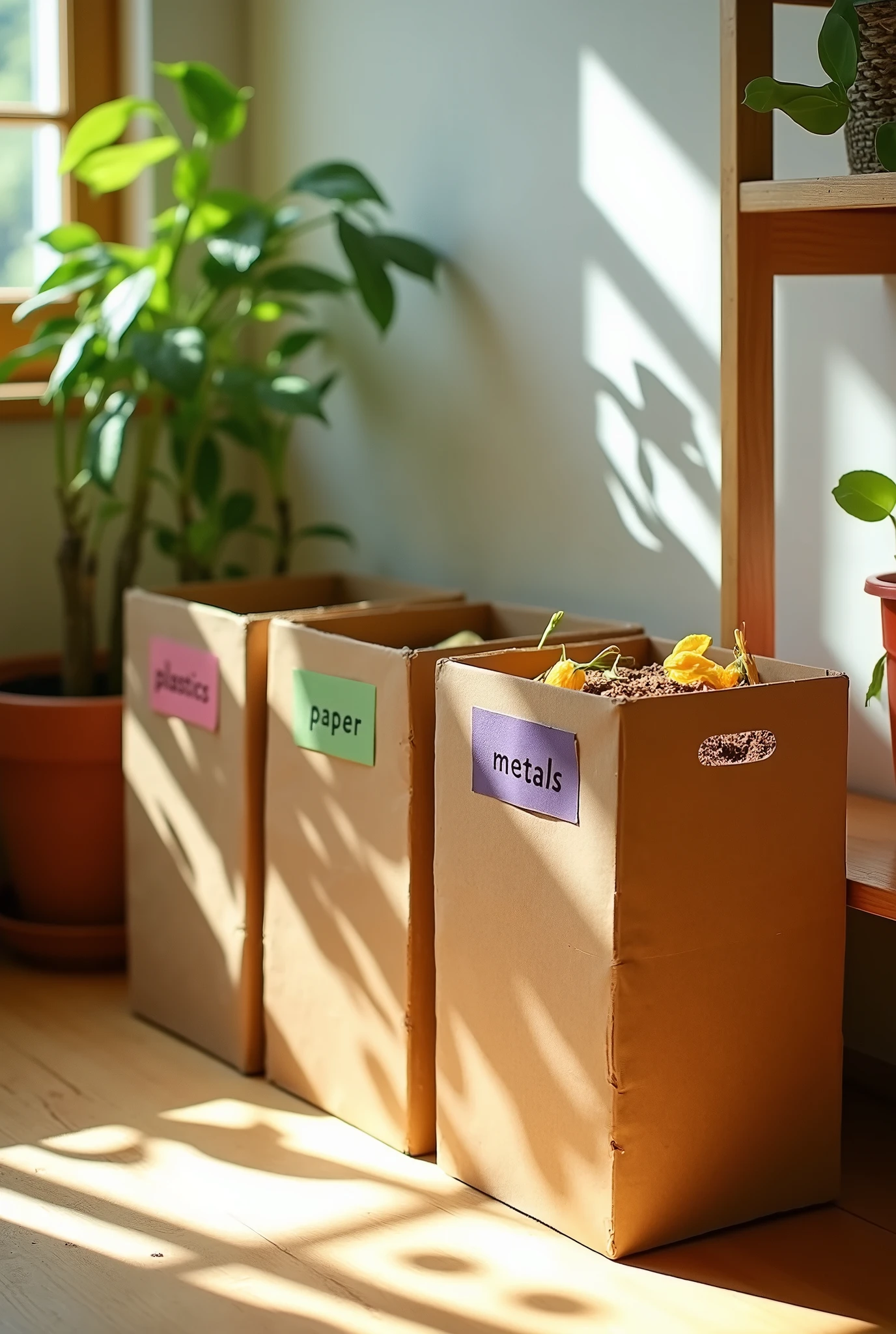 Create a corner of a room with 4 small paper waste sorting bins,years,peeked out,organic waste that shows its content 