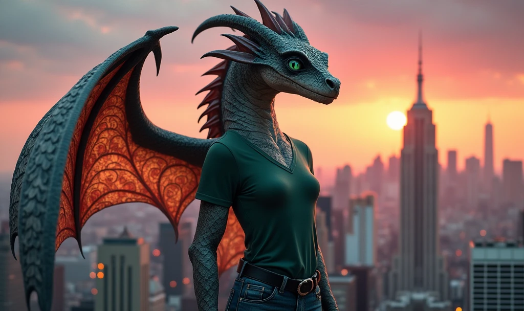 Anthro female dragon, grey scales, membraneous wings, pale blue eyes, black horns, dark green t-shirt, jeans