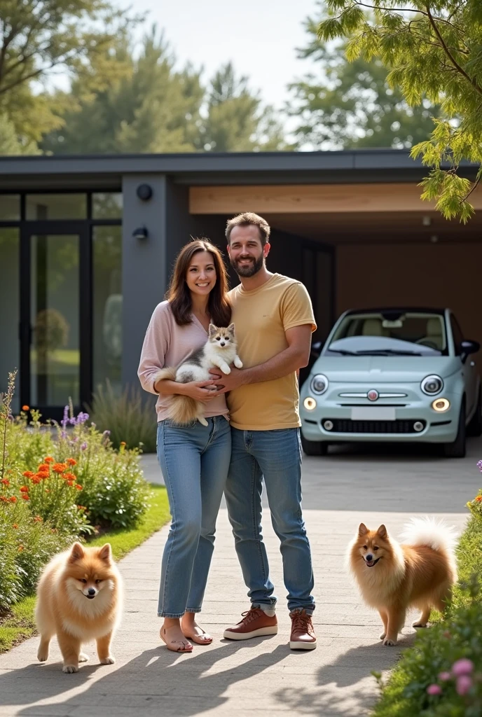 A couple with brown hair, with a couple of small children and two German Spitz and a kitten in front of their simple but modern house with two cars in the garage, one is a Fiat 500 and the other a Fiat Cronos