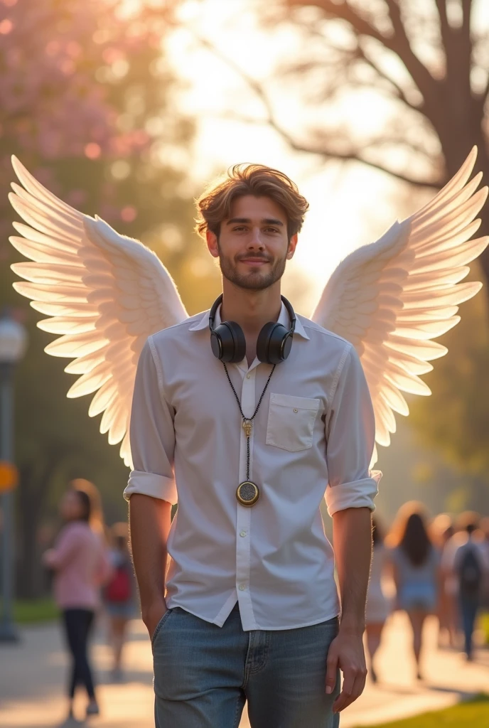 Smart handsome student add headphone add v locket add wings